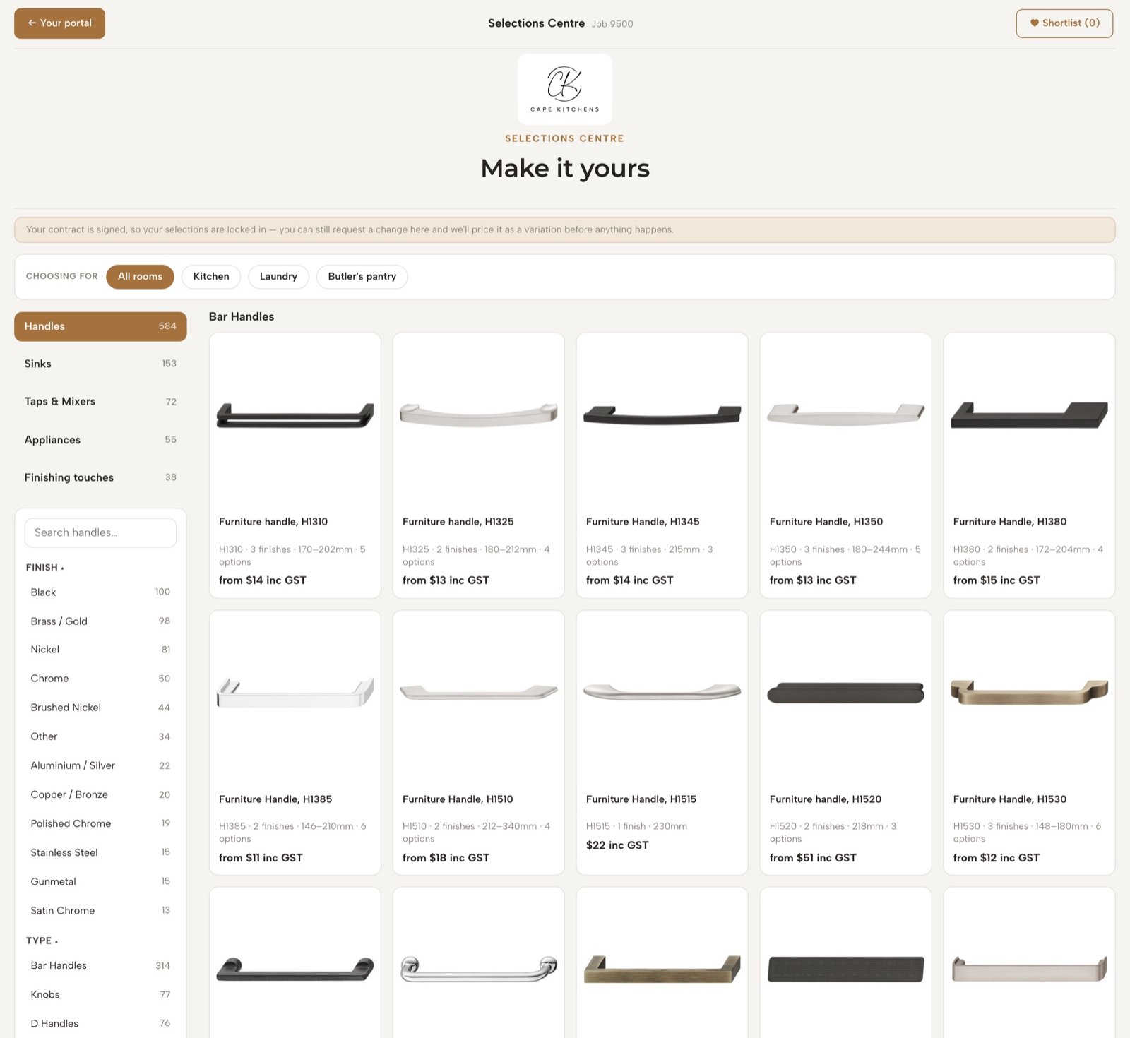 Selections Centre showing handle options with finishes, sizes and prices